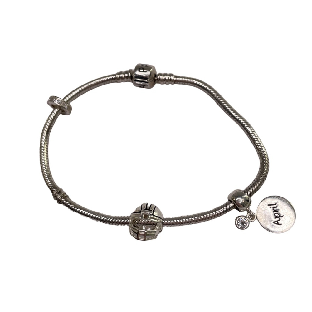 Pandora Sterling Silver Barrel Clasp Bracelet Football Birthstone Pavé Charm Set